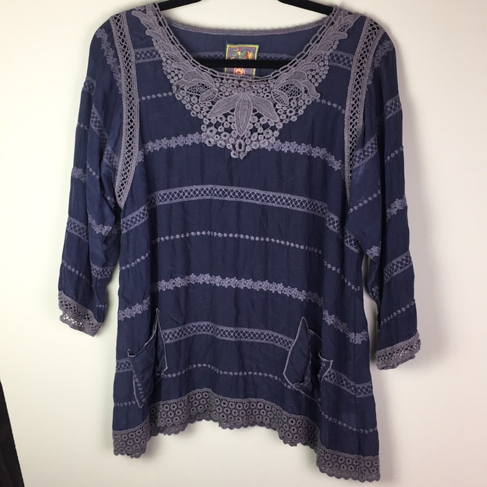 Johnny Was blue shirt embroidered 3/4 sleeve